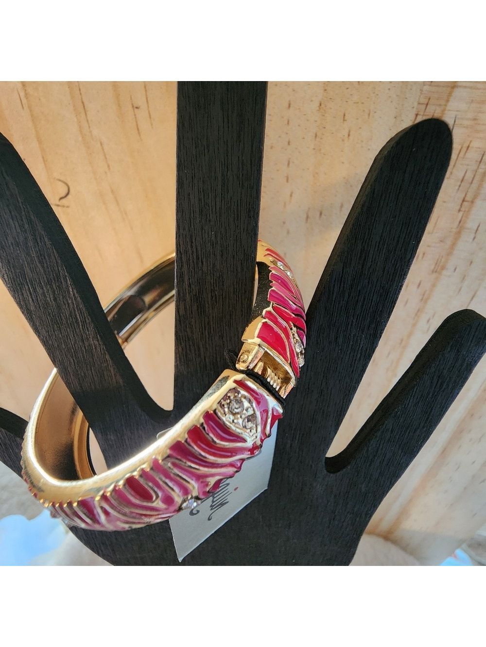 STUNNING Sequin™ Pink Zebra Enamel & Crystal Hinged Bangle Bracelet NWT - Picture 3 of 5